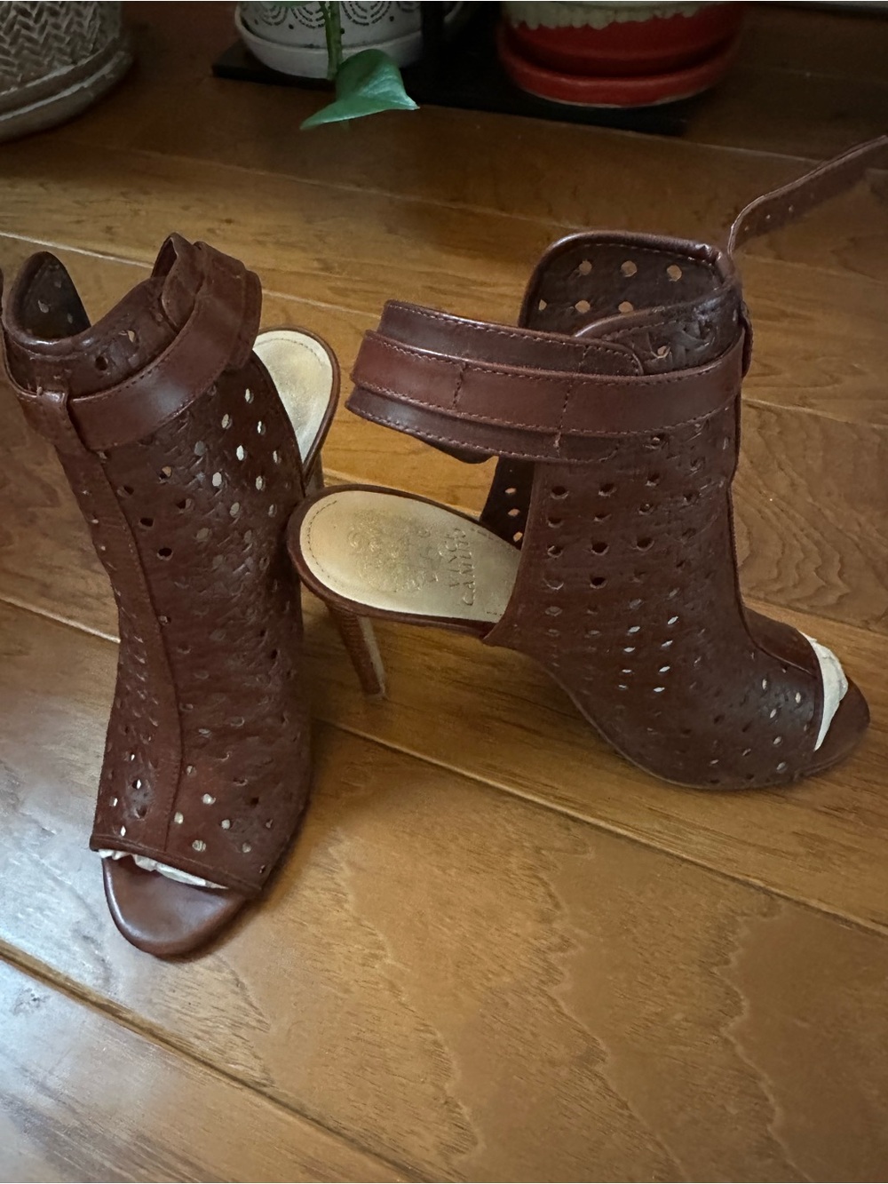 Vince Camuto Brown Perforated Leather Peep-Toe Ankle Strap Heels - Picture 2 of 9